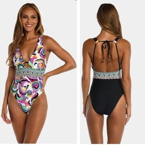Sunshine 79 NEW Reversible Psychedelia Plunge  Swimsuit Padded Tie High Rise 14